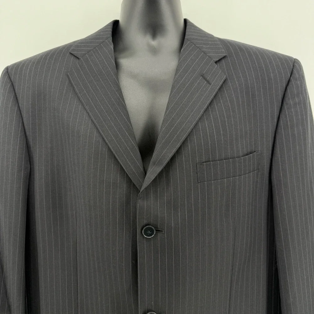 Claiborne Suit Jacket Mens 44L Black Pinstripe 100% Wool 3-Button Blazer
